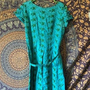 Vintage 1950s Embroidered Leaf Teal dress